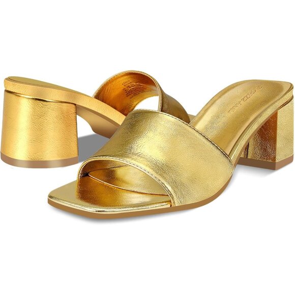 Women's Gold Low Chunky Block Square Open Toe Heeled Sandal Slip on Mules Shoes - Picture 4 of 5